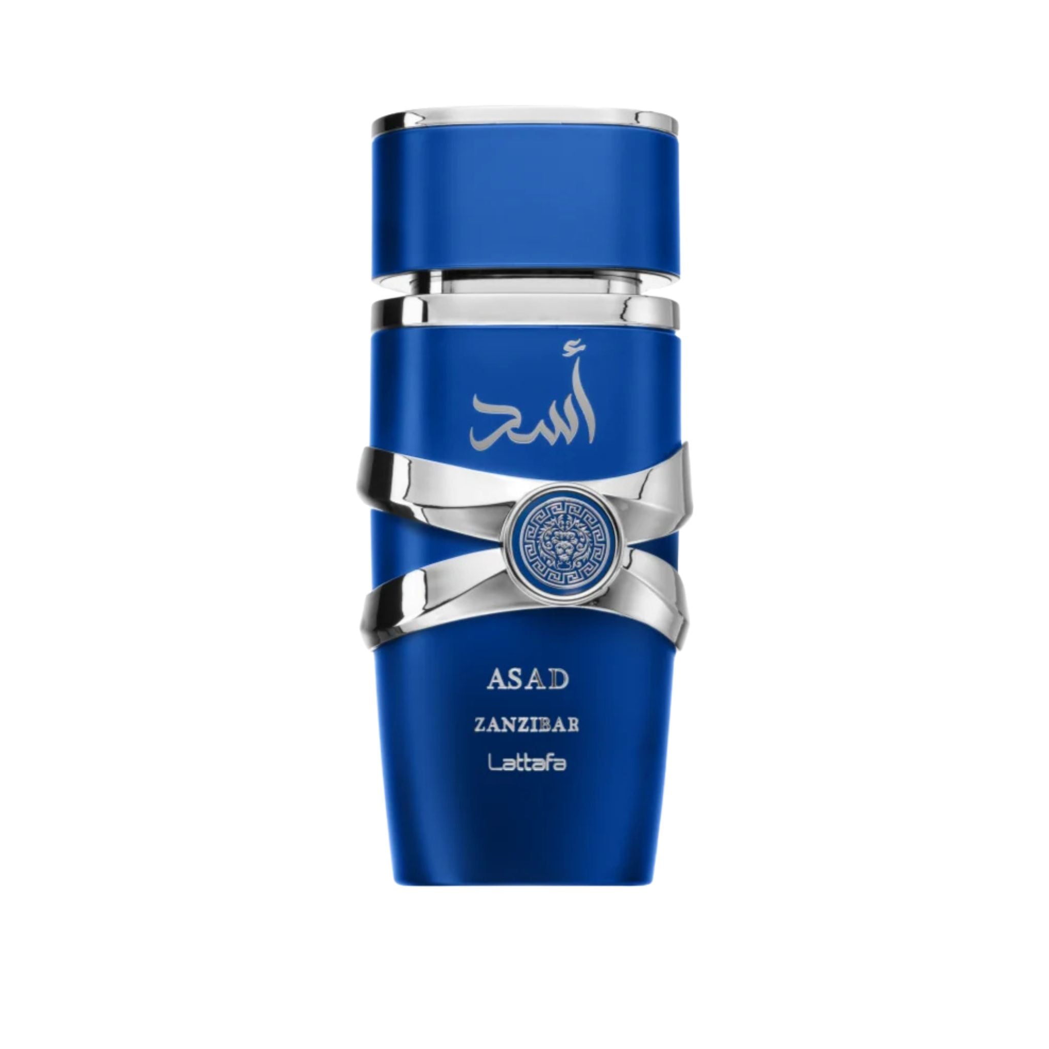 Lattafa Asad Zanzibar parfymflaska i blått med elegant design och orientaliska noter