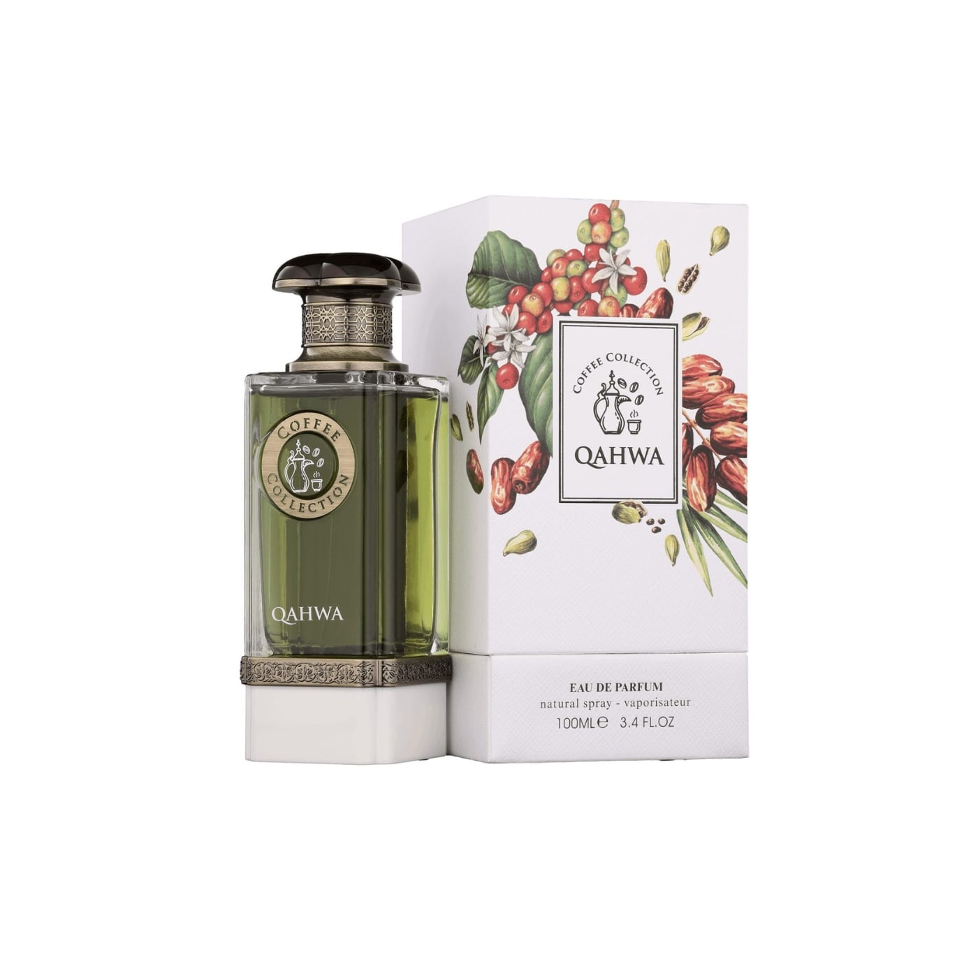Qahwa Eau de Parfum från Fragrance World Original, 100 ml flaska med kaffearoma i unik design