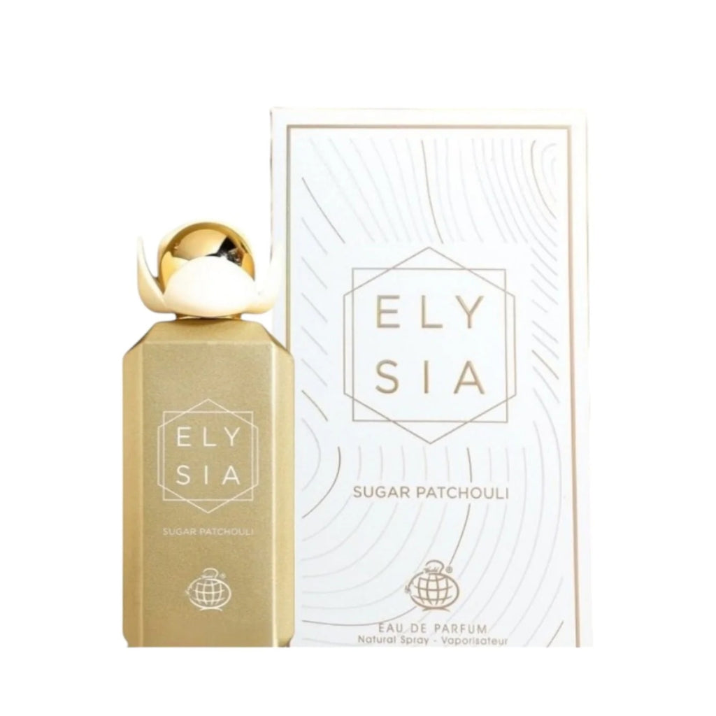 Damparfym Elysia Sugar Patcholi med elegant guldig flaska och vit förpackning från Kayali Vanilla Royale Sugared Patchouli