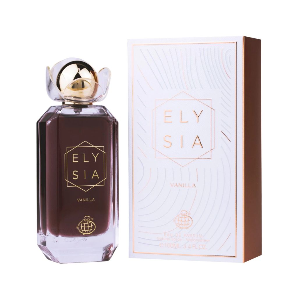 Fragrance World Elysia Vanilla damparfymflaska och vit förpackning med gulddetaljer
