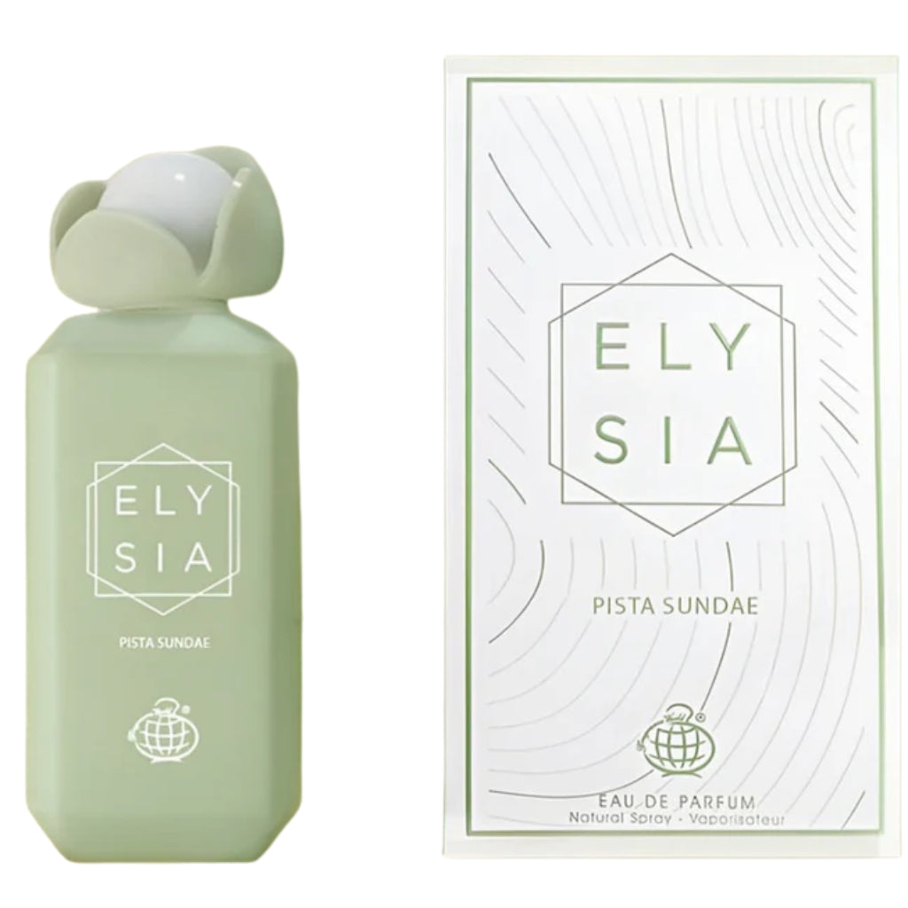 Damparfym Tolkning av Kayali Pistachio Gelato flaska och låda med Fragrance World Elysia Pista Sundae