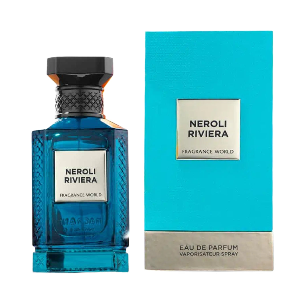 Fragrance World Neroli Riviera unisex parfymflaska och förpackning i blått med silverdetaljer