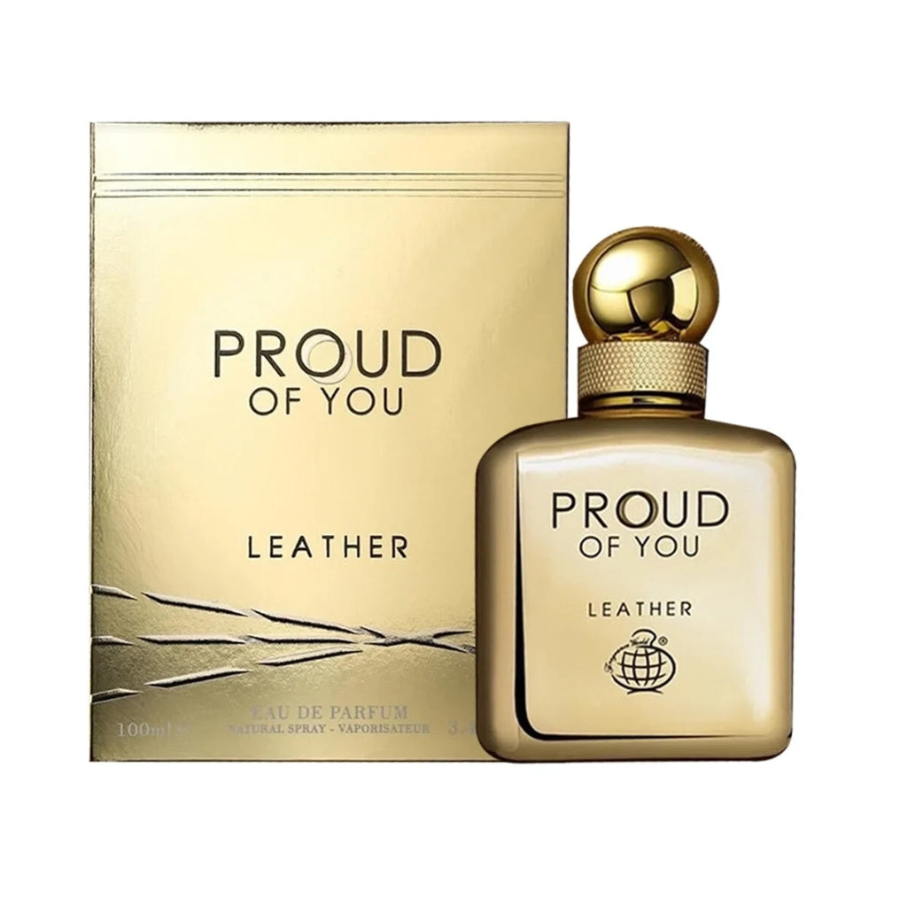Fragrance World Proud Of You Leather herrparfym i guldfärgad flaska och förpackning