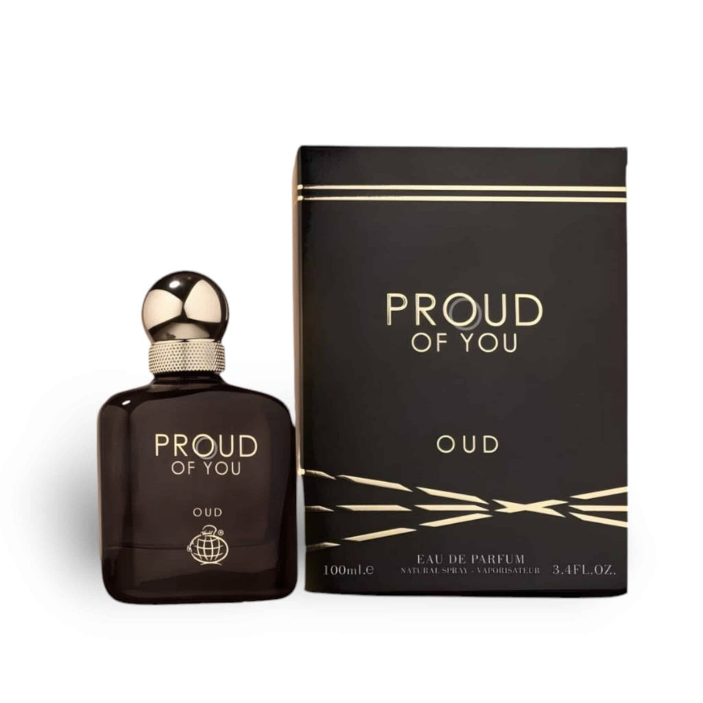 Herrparfym Fragrance World Proud Of You Oud med elegant svart flaska och lyxig förpackning
