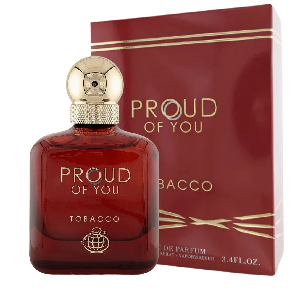 Fragrance World Proud of you Tobacco herrparfym i röd flaska och förpackning med guldtext