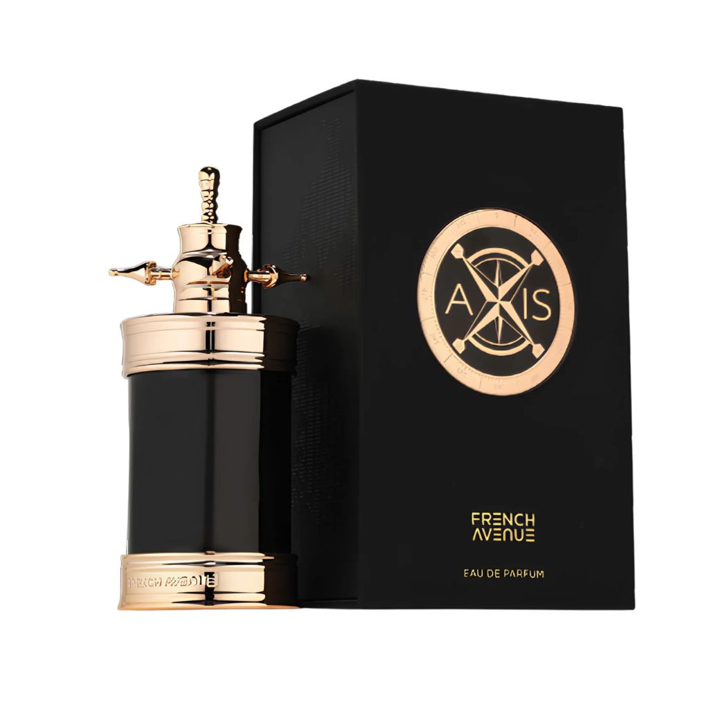 French Avenue Axis unisex eau de parfum flaska med svart och guld design bredvid elegant svart förpackning