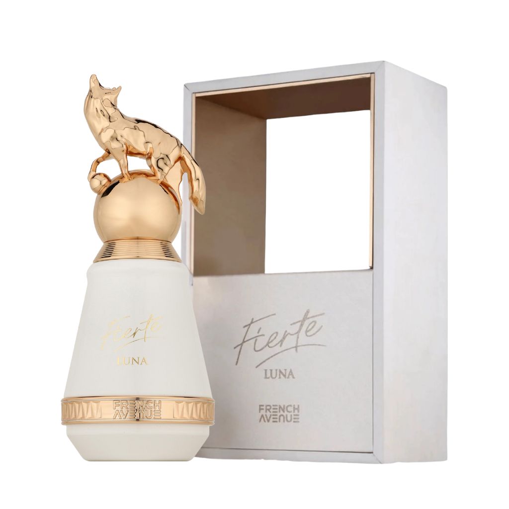 French Avenue Fierte Luna damparfymflaska med dekorativ guldräv och elegant förpackning
