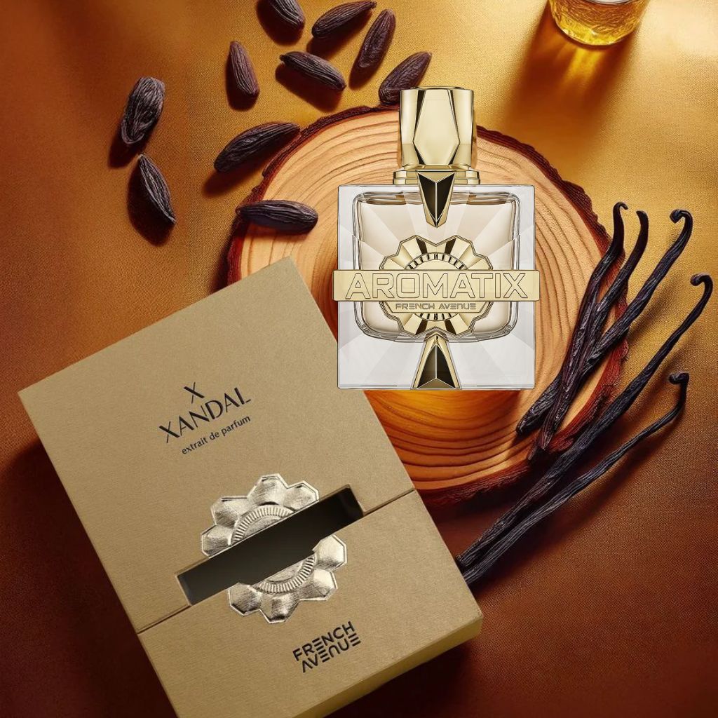 French Avenue X Xandal herrparfym med lyxig flaska och förpackning tillsammans med vaniljstång och ackord