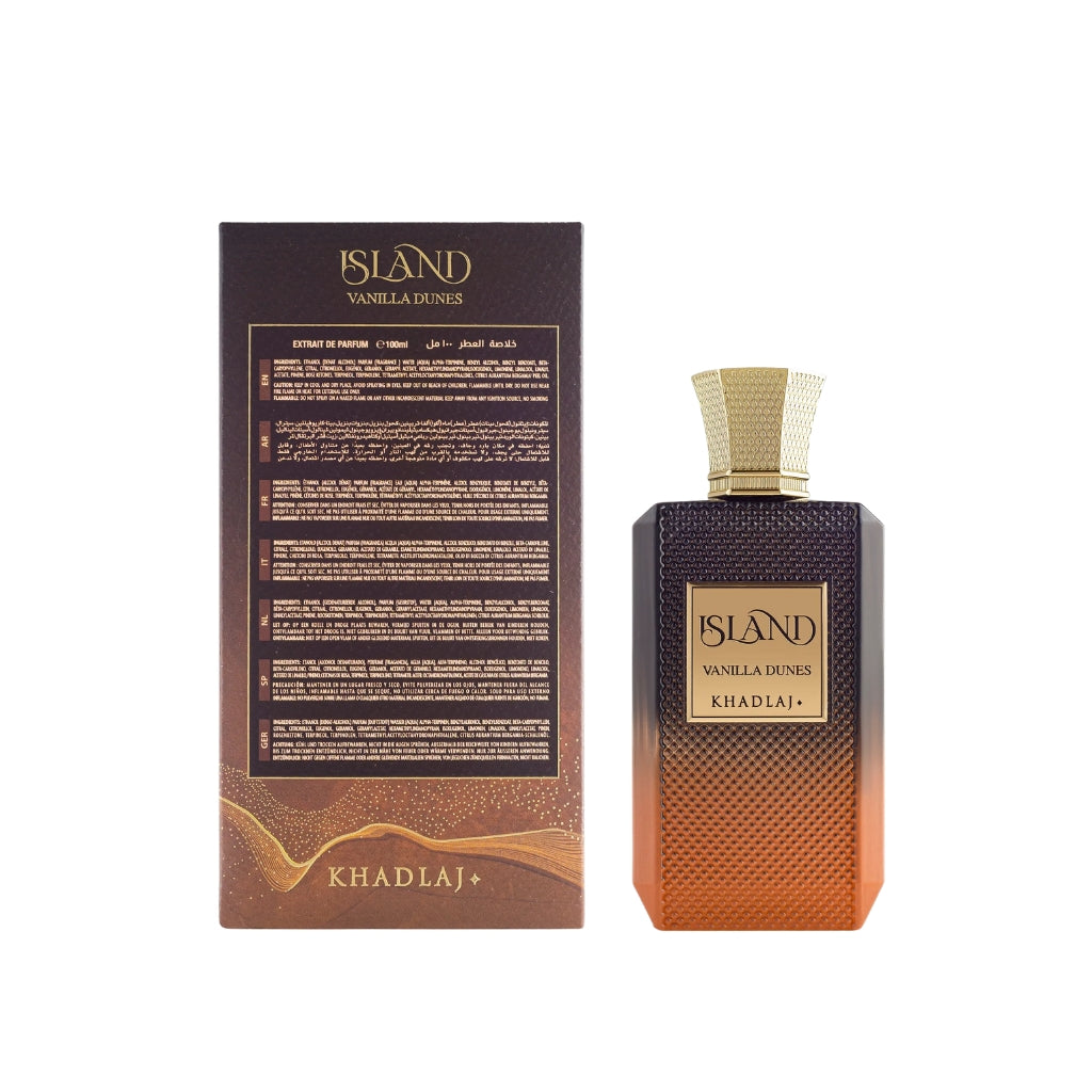 Khadlaj Vanilla Dunes herrparfym med lyxig brun och orange flaska och matchande förpackning