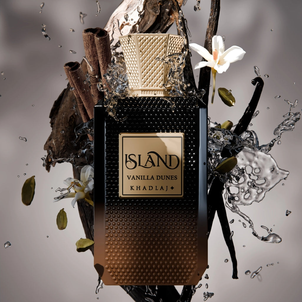 Herrparfym Khadlaj Vanilla Dunes i elegant svart och guldflaska med vaniljblommor och kanel