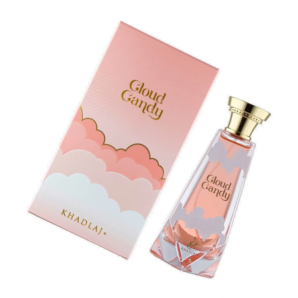 Khadlaj Cloud Candy damparfym med rosa och guld design och elegant flaska med guldkork
