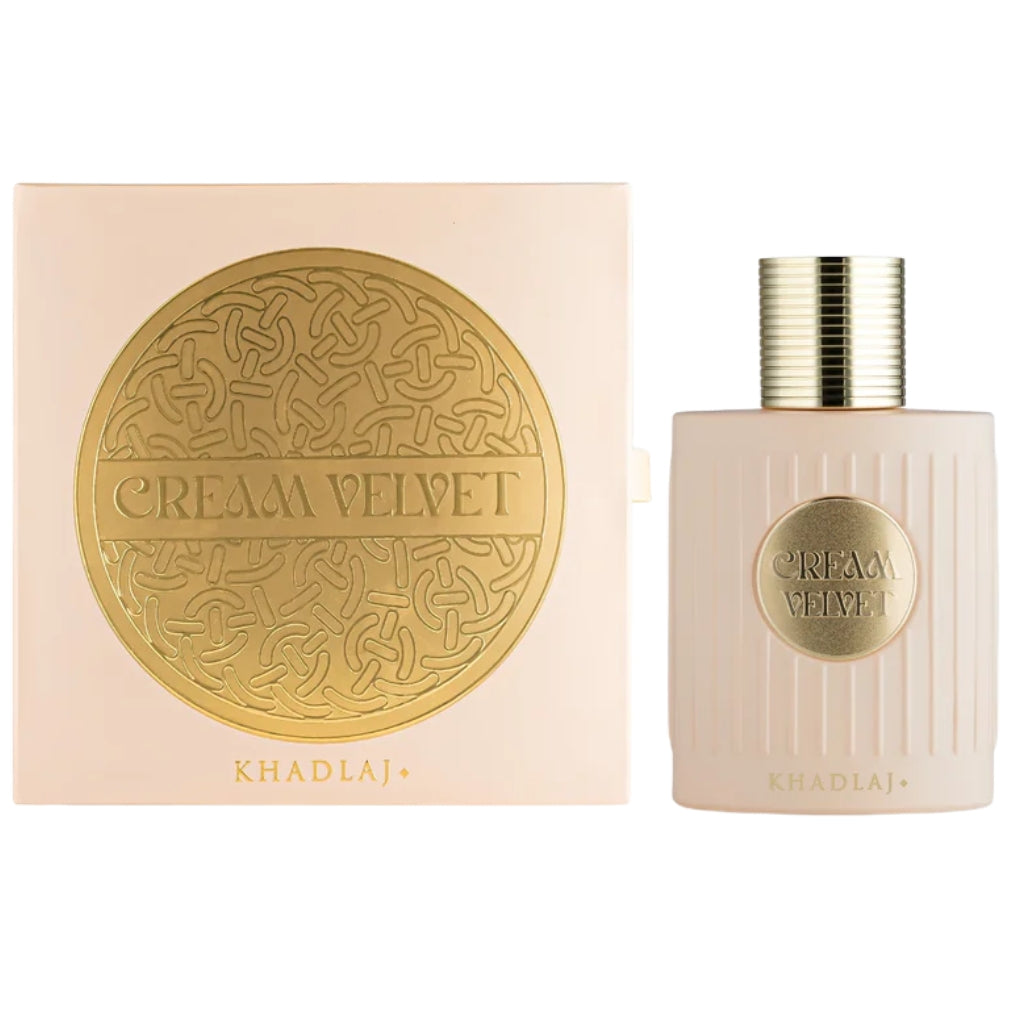 Khadlaj Creme Velvet damparfym med beige och guld förpackning och flaska elegant design