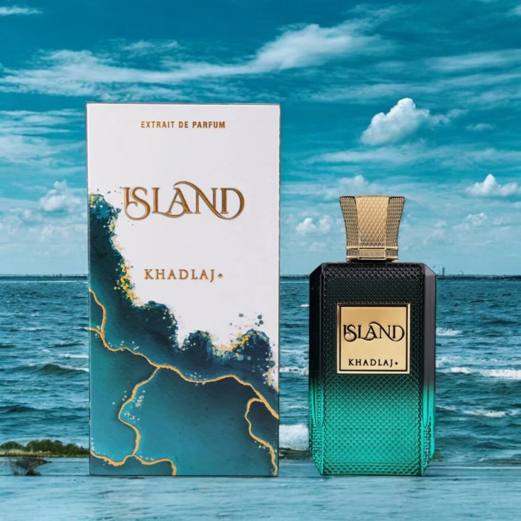 Khadlaj Island herrparfym i elegant grön och svart flaska med matchande vit och blå förpackning
