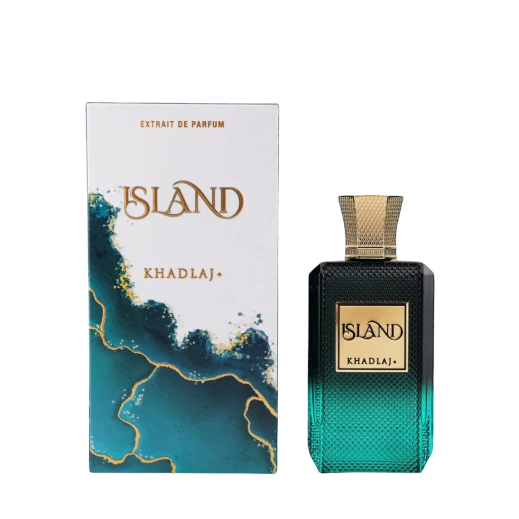 Herrparfym Khadlaj Island med elegant turkos och svart flaska och vit förpackning