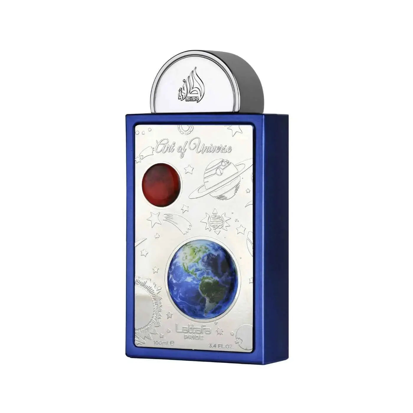 Blue Talisman parfymflaska med design som visar Art of universe, inklusive jorden och planeter.
