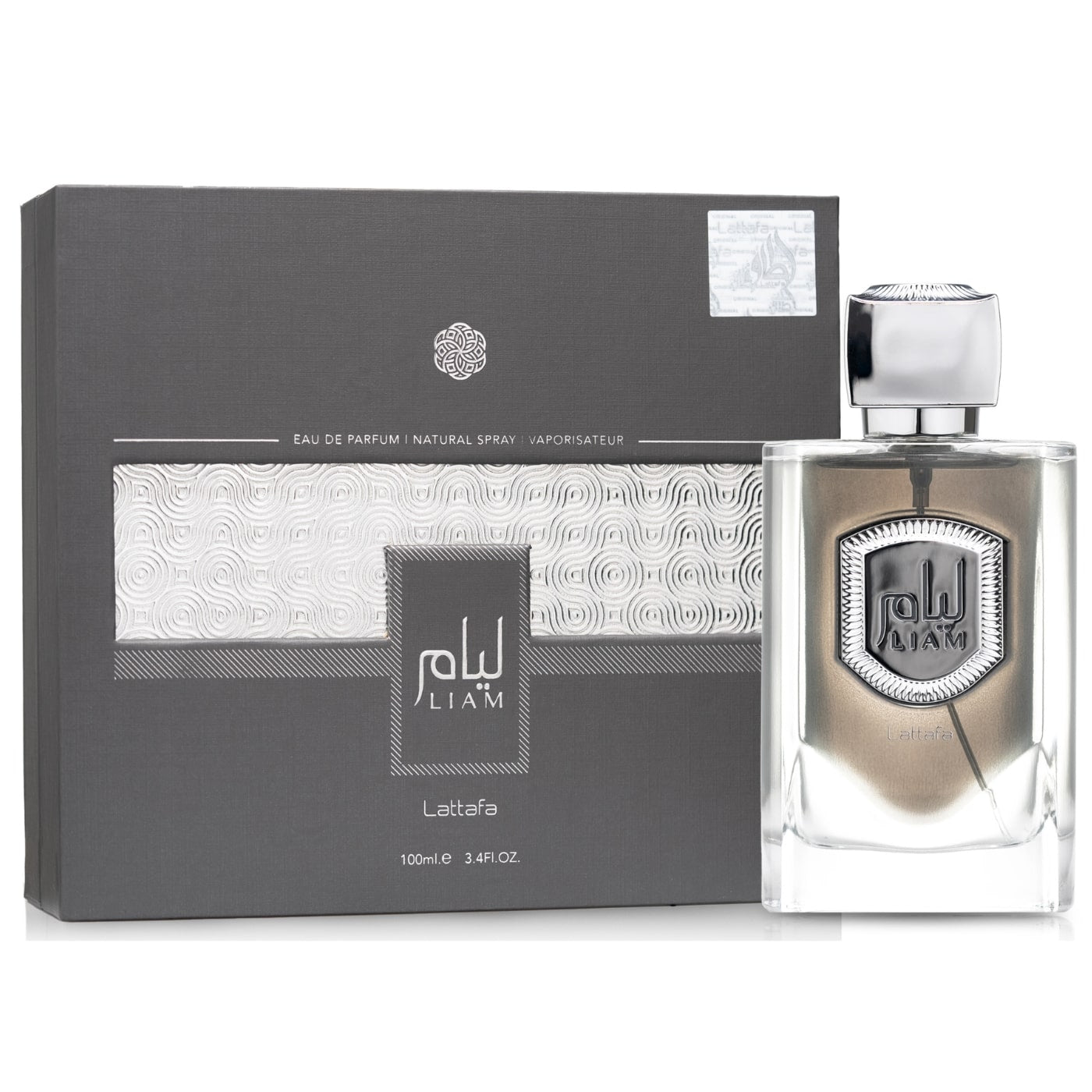 Herrparfym Liam Grey från Lattafa i 100 ml, elegant förpackning med minimalistisk design