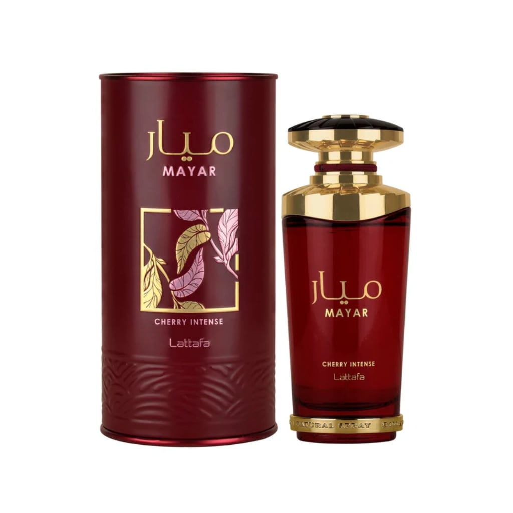 Lattafa Mayar Cherry Intense damparfym med elegant röd flaska och förpackning i lyxig design