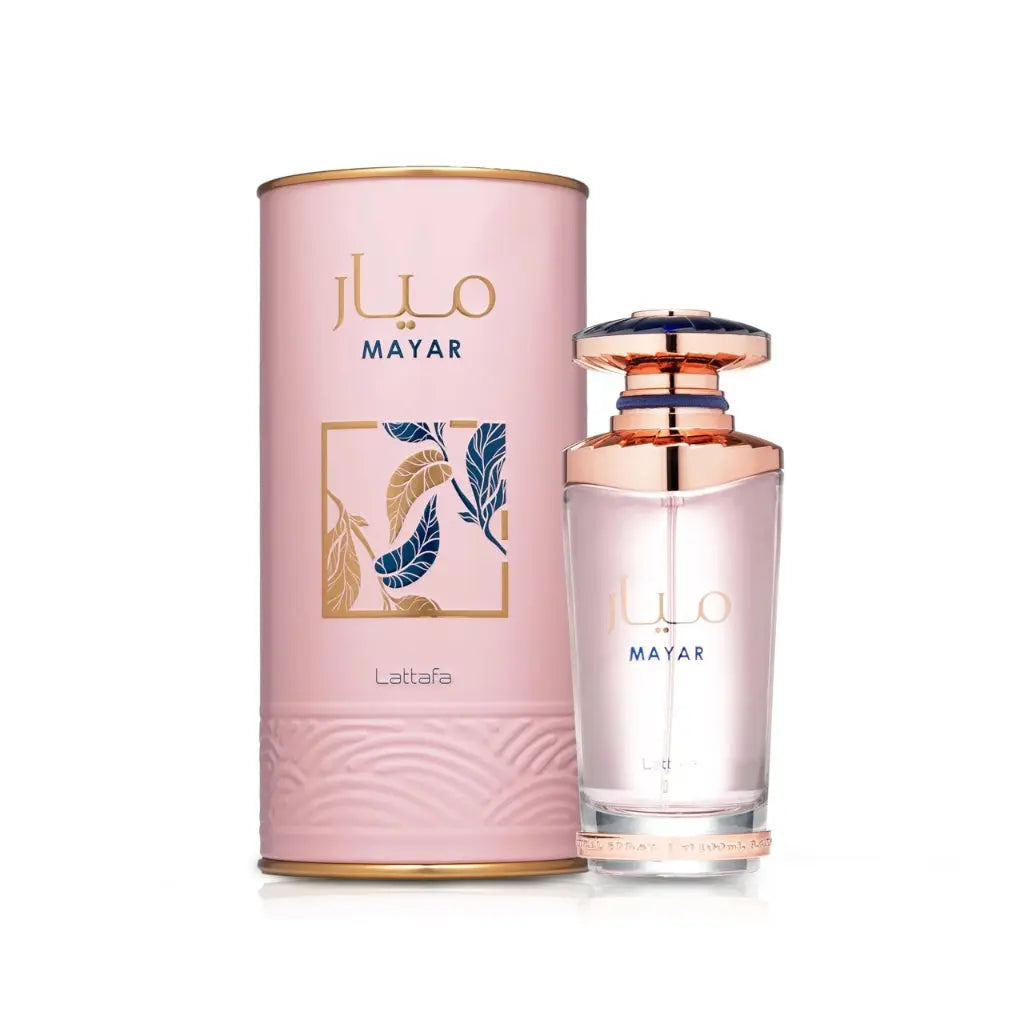 Lattafa Mayar damparfym i elegant rosa flaska och förpackning med bladmotiv