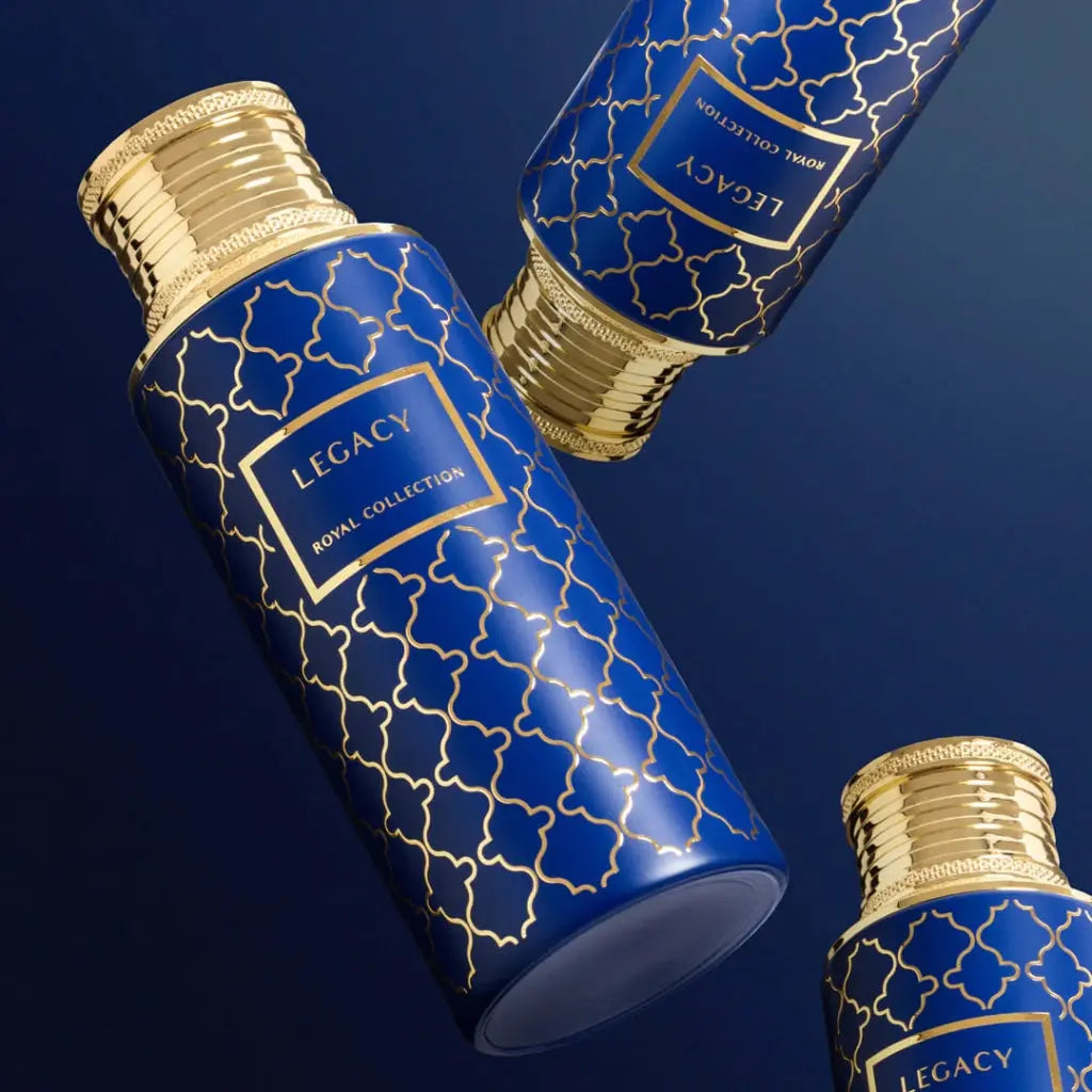 Maison Asrar Legacy herrparfym med elegant blå design och guldiga detaljer i Royal Collection