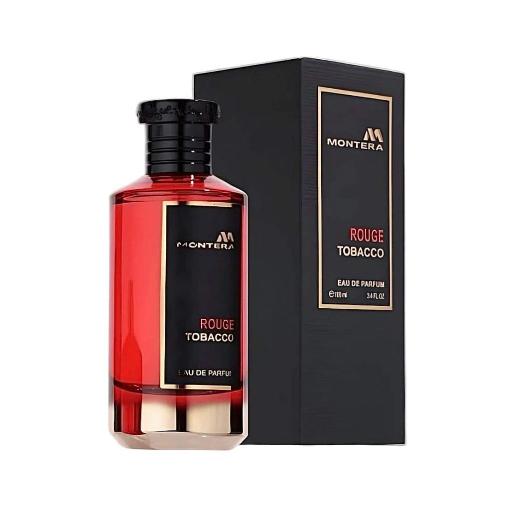 Unisex parfymflaska Montera Rouge Tobacco med svart och röd design bredvid svart förpackning