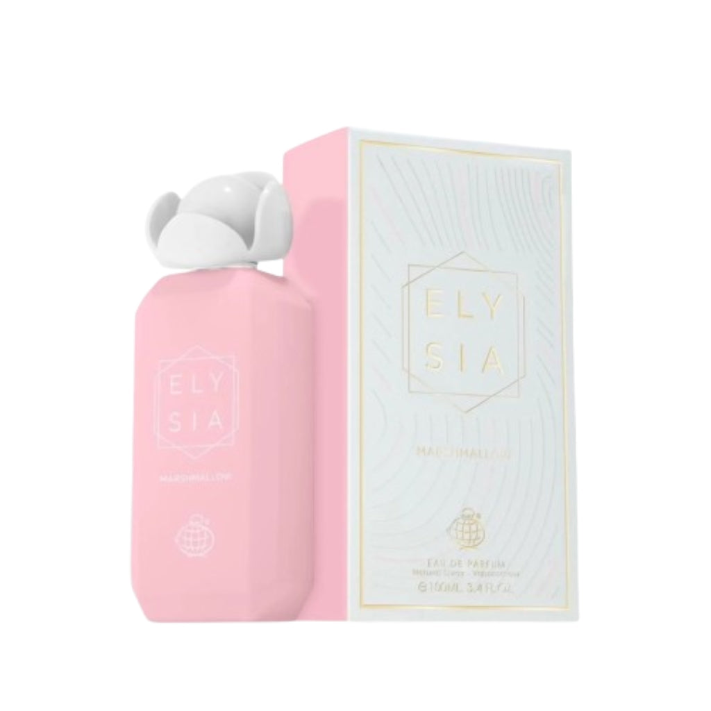 Elysia Marshmallow damparfym i rosa flaska med vit blomkork och vit guldig förpackning tolkning av Kayali boujee marshmallow