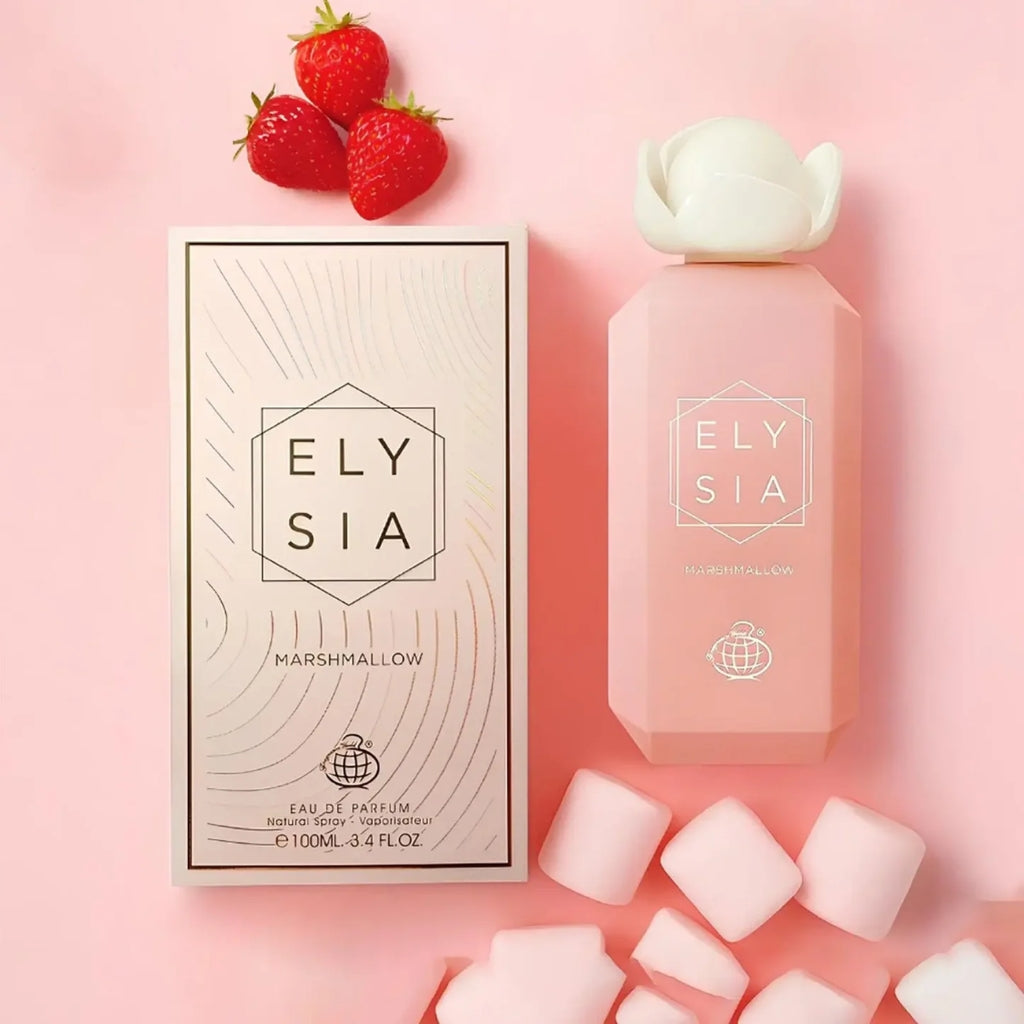 Elysia Marshmallow damparfym tolkning av Kayali boujee marshmallow rosa flaska och box med jordgubbar och marshmallows