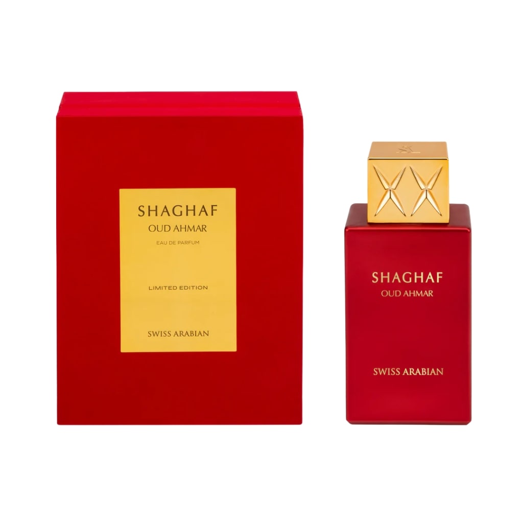 Shaghaf Oud Ahmar parfym i röd flaska med elegant design och guld detaljer från Swiss Arabian