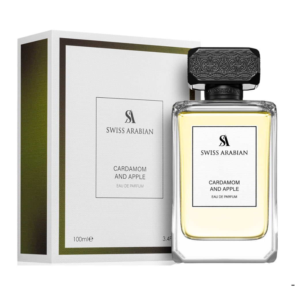 Swiss Arabian Cardamom And Apple unisex parfymflaska med elegant design och vit förpackning
