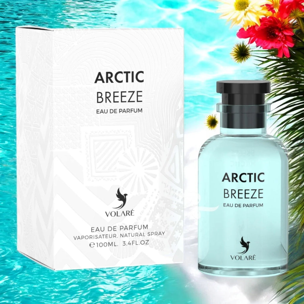 Volare Arctic Breeze herrparfym med frisk doft i elegant glasflaska och vit förpackning vid vatten och blommor