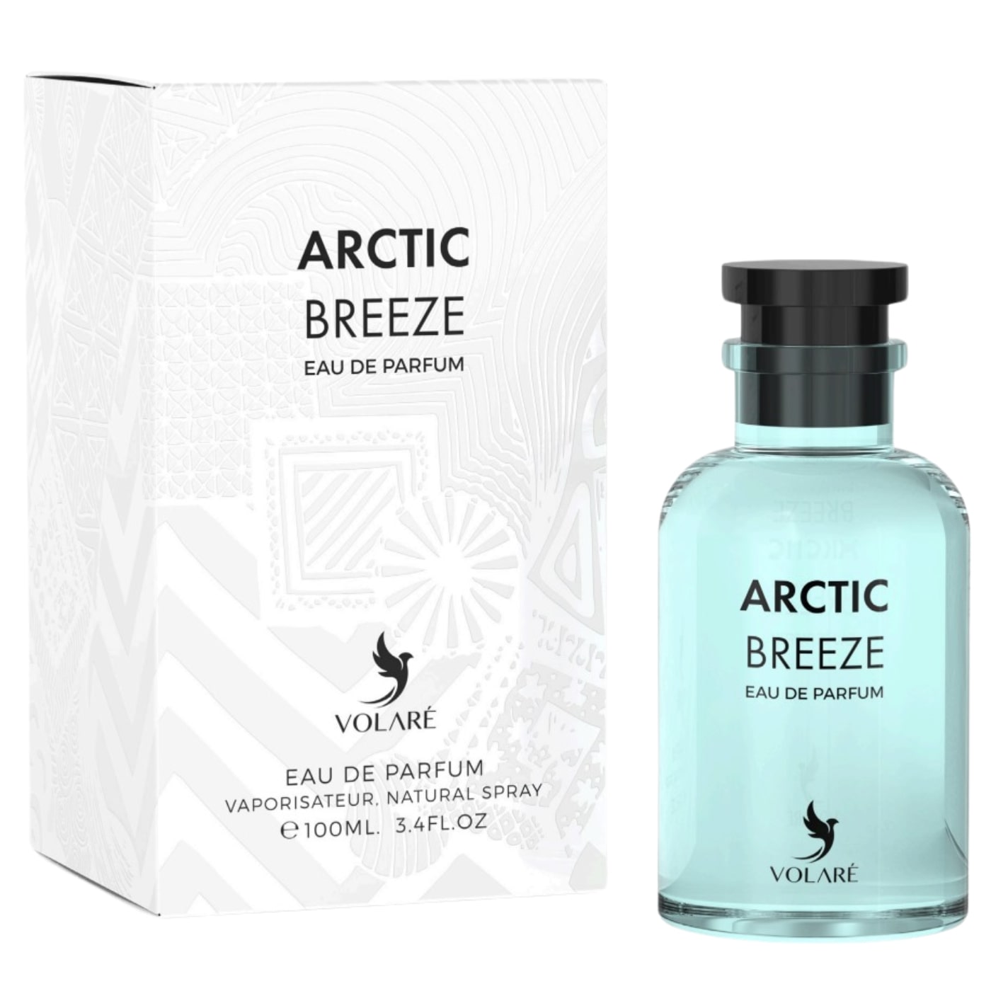 Volare Arctic Breeze herrparfym i ljusblå flaska med svart lock och vit förpackning från Tolkning av LV Imaginaton