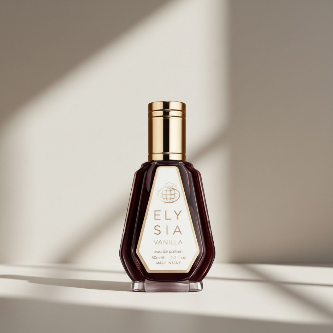 Elysia Vanilla eau de parfum, närbild på mörkbrun flaska och guldfärgat lock