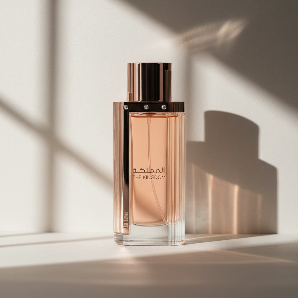 Eau de parfum-flaska med metalliskt lock och räfflad transparent flaska, rosa vätska.
