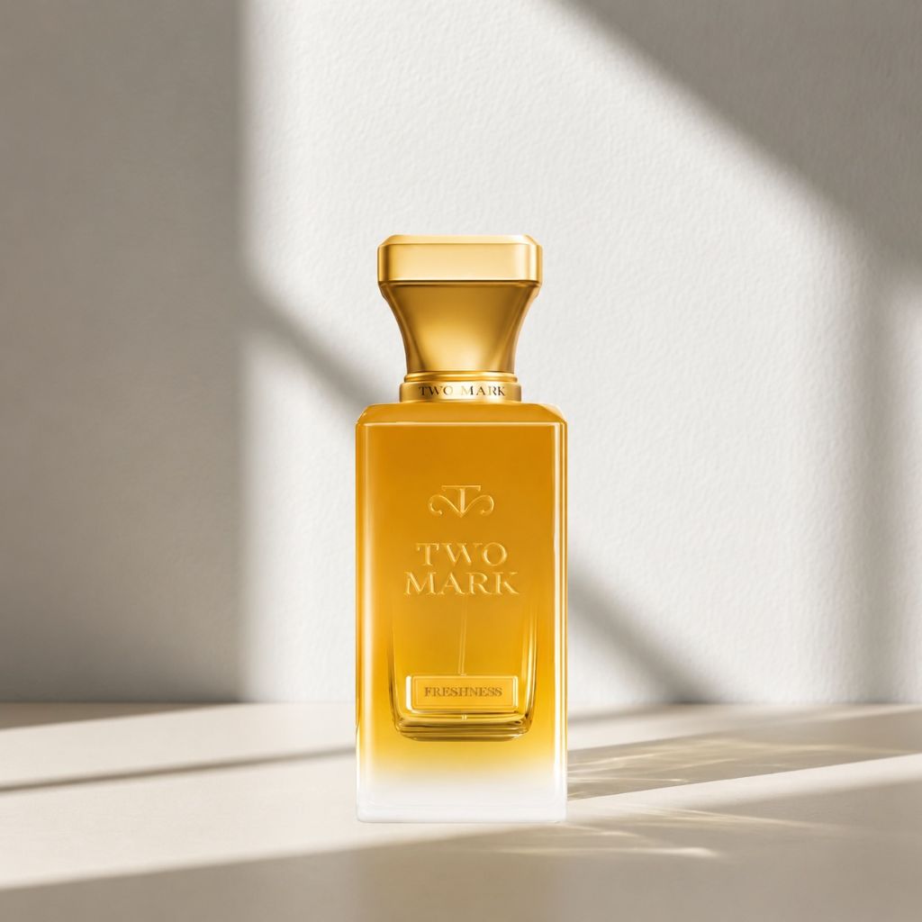 Guldfärgad eau de parfum-flaska med rundat lock och Two Mark-etikett