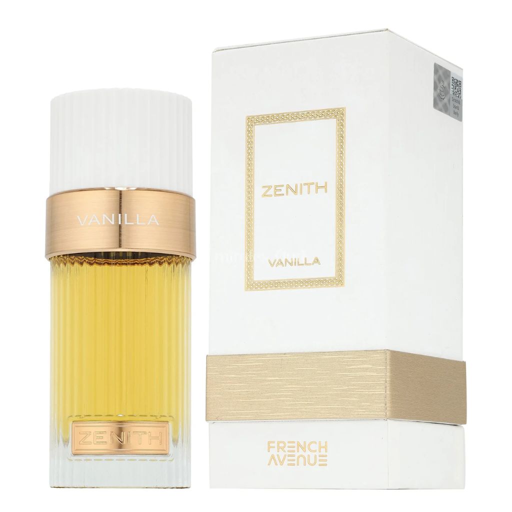 French Avenue Zenith vanilj eau de parfum-flaska och vit ask med gulddetalj