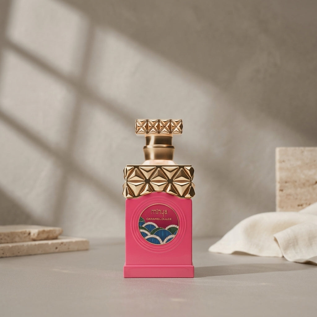 Parfymflaska med rosa glas och guldfärgat lock samt dekorativ relief