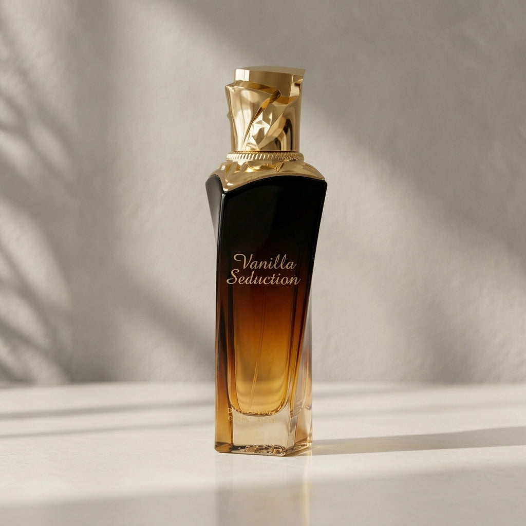 Parfumflaska Maison Asrar med guldlock och bärnstensfärgad glasflaska, texten Vanilla Seduction.