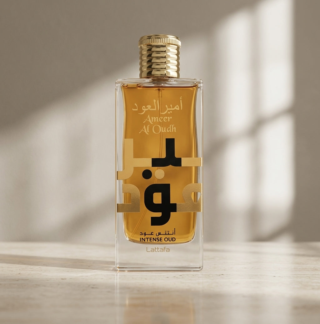 Doftflaska Lattafa Ameer Al Oudh Intense Oud med gul vätska och guldlock, rektangulär.