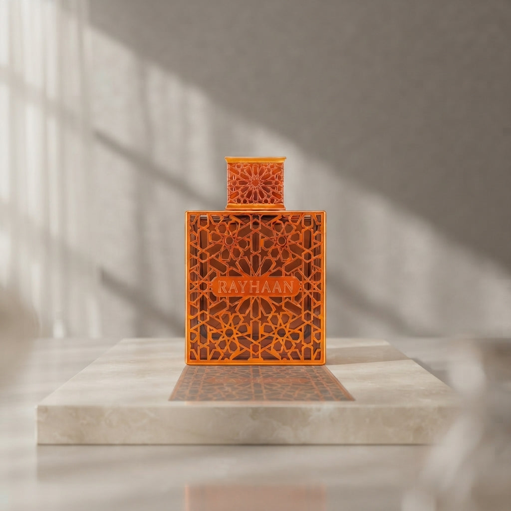 Orange parfymflaska Rayhaan med geometriskt mönster och fyrkantig form