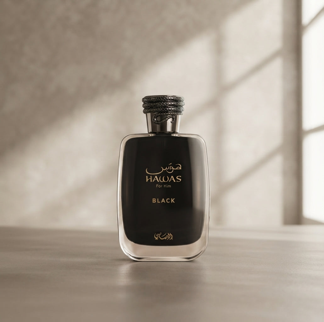 Rasasi Hawas Black eau de parfum-flaska, svart glas och klart, 100 ml