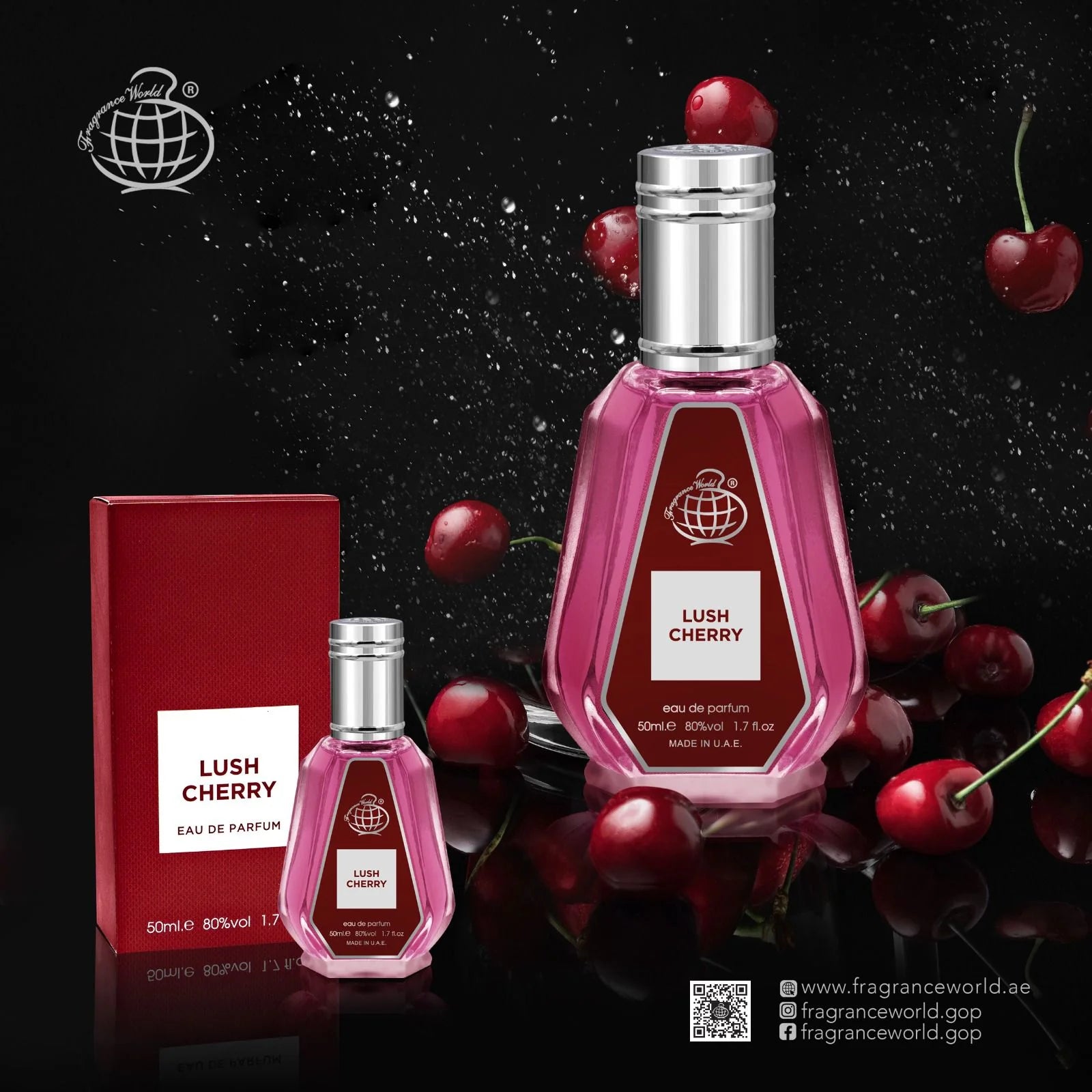 Parfym Eau de Parfum Lush Cherry i rosa flaska med silverkapsyl, 150 ml