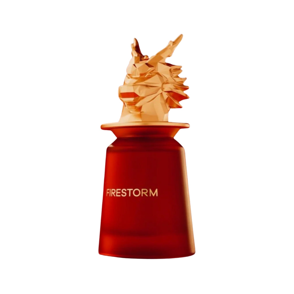 Herrparfym Firestorm tolkning av Penhaligons The World According to Arthur röd frostad flaska med drakhuvudkork
