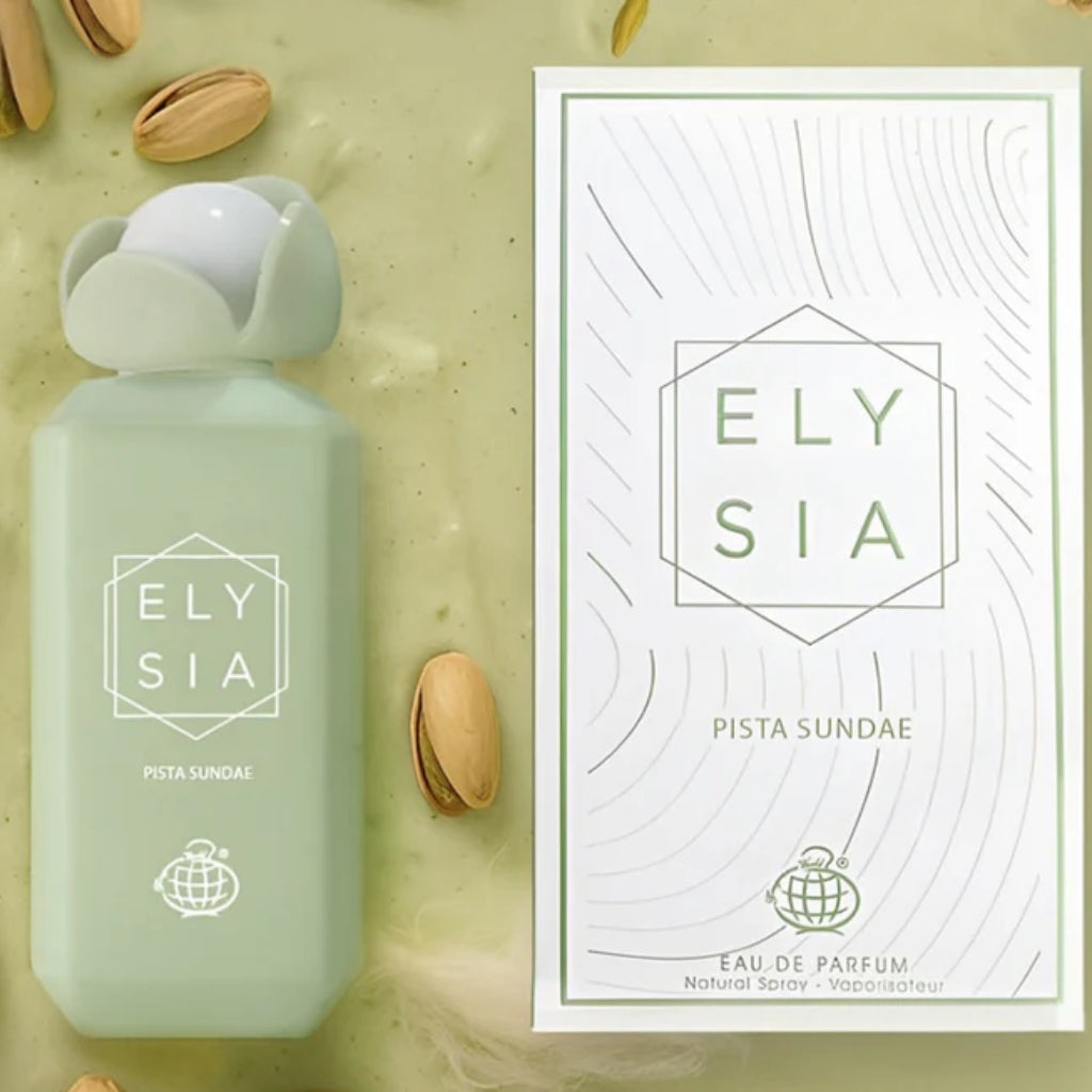 Damparfym Fragrance World Elysia Pista Sundae i mintgrön flaska med blomkork och förpackning samt pistagenötter