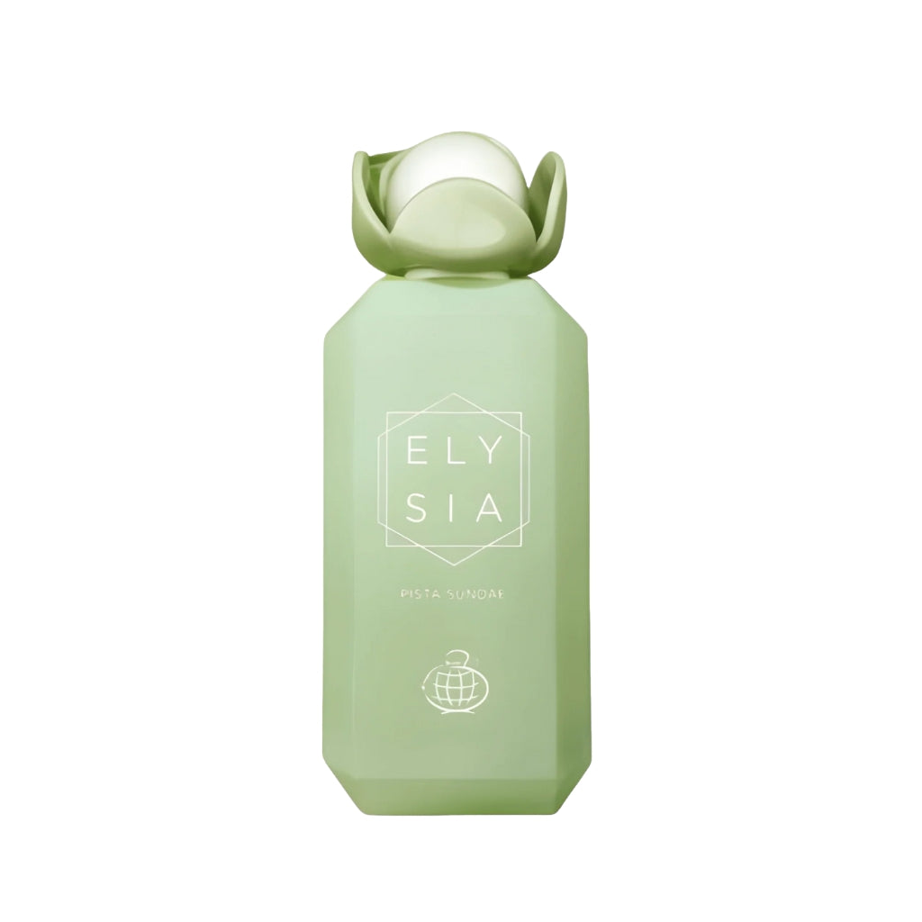 Damparfymflaska Tolkning av Kayali Pistachio Gelato i ljusgrön flaska med blomformad kork Fragrance World Elysia Pista Sundae