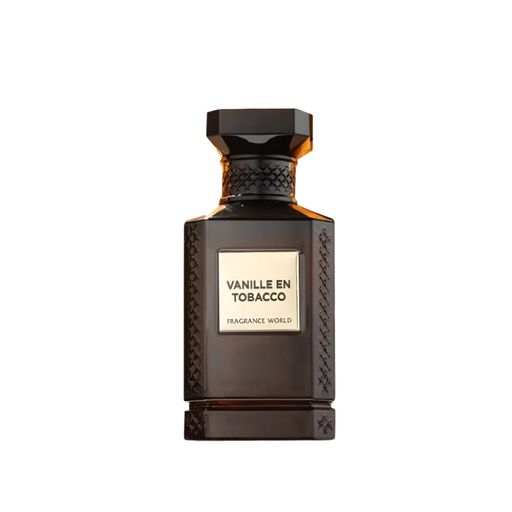 Tolkning av TF Tobacco Vanille herrparfym flaska i morkt brunt glas med guldfargad etikett Fragrance World Vanille En Tobacco