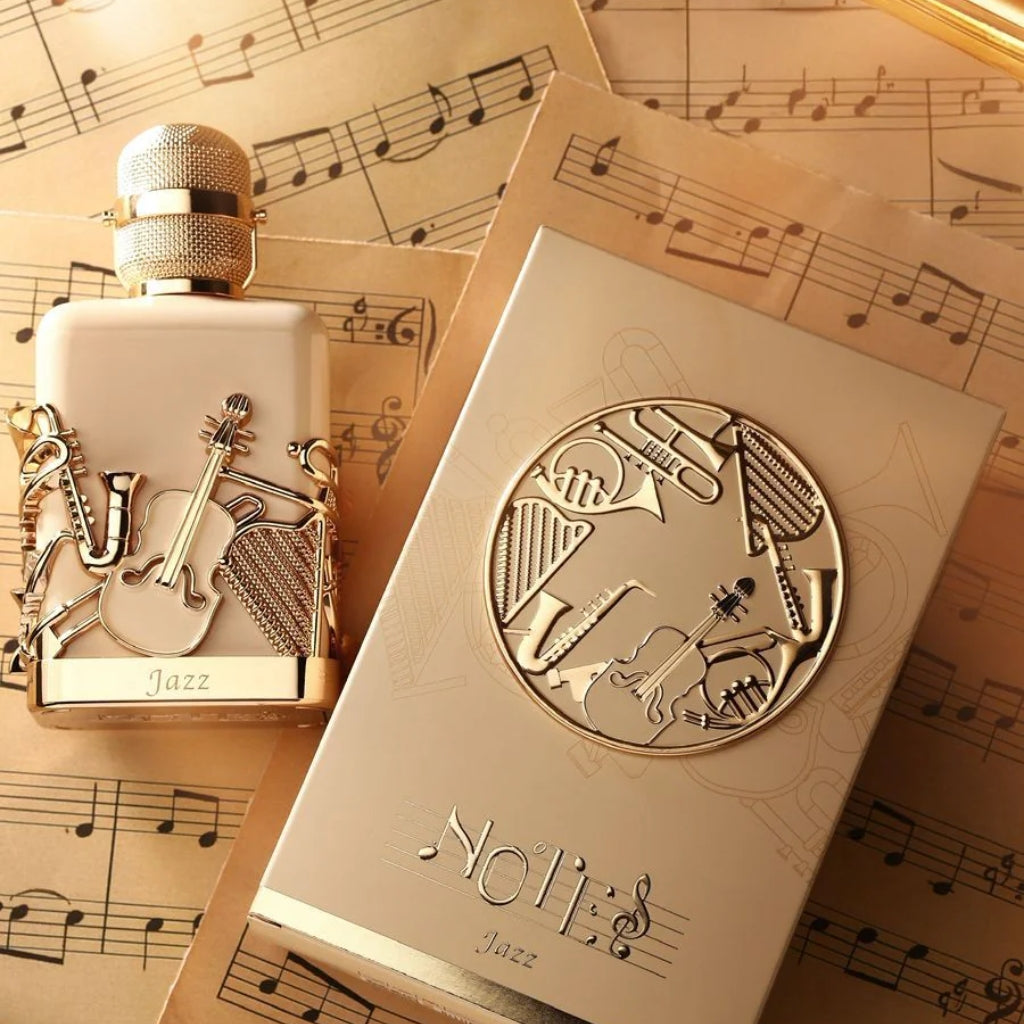 Fragrance World Jazz unisex parfymflaska med musikaliska detaljer och elegant förpackning från Silky Woods Goldfield & Banks