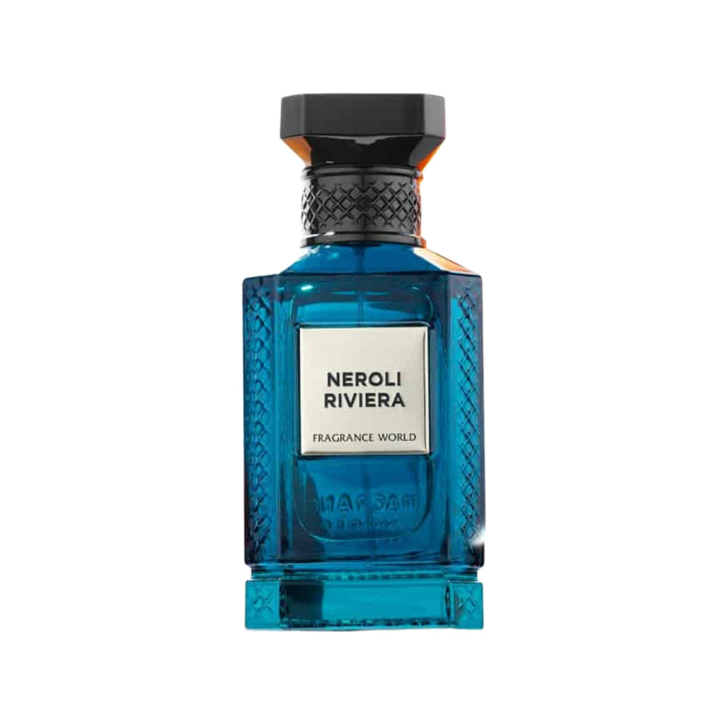 Fragrance World Neroli Riviera unisex doft i blå glasflaska med svart kork