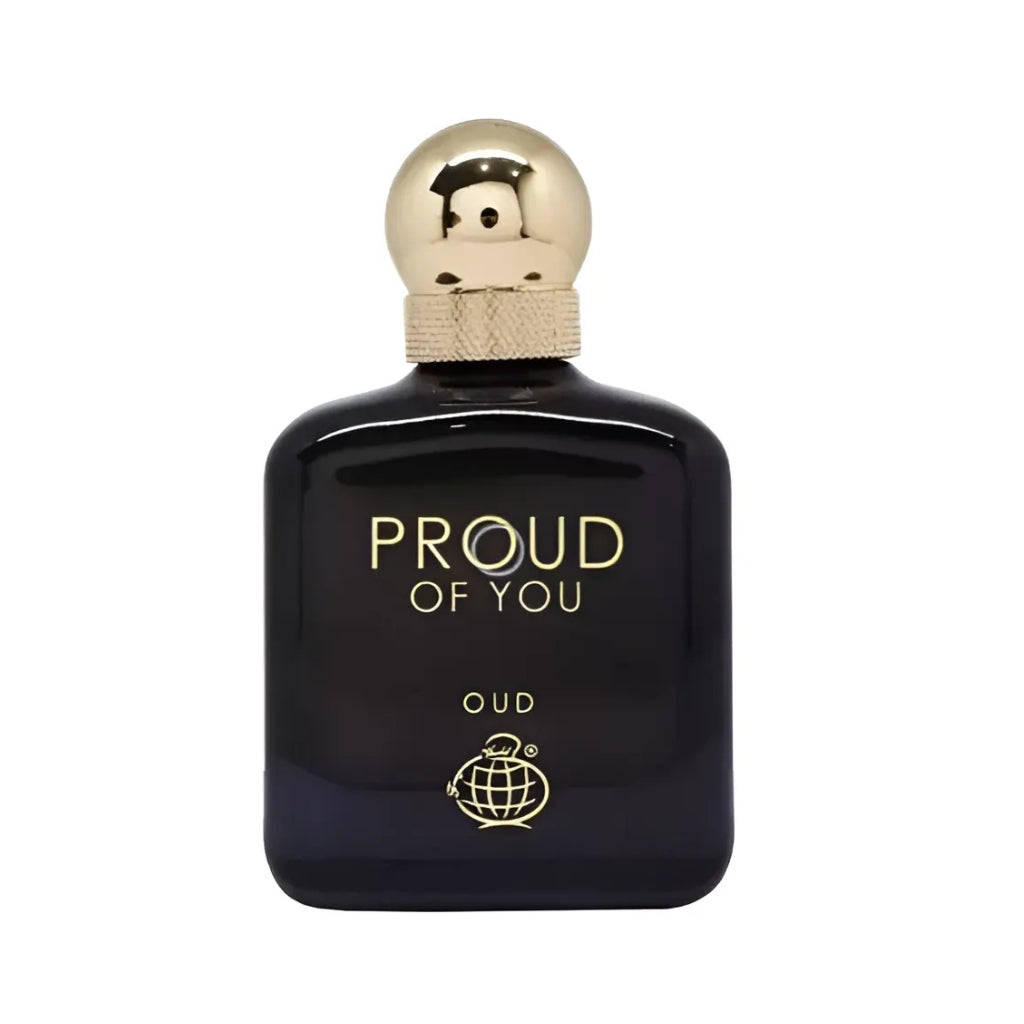 Herrparfym Fragrance World Proud Of You Oud i svart flaska med guldigt lock från Tolkning av Stronger with you Oud