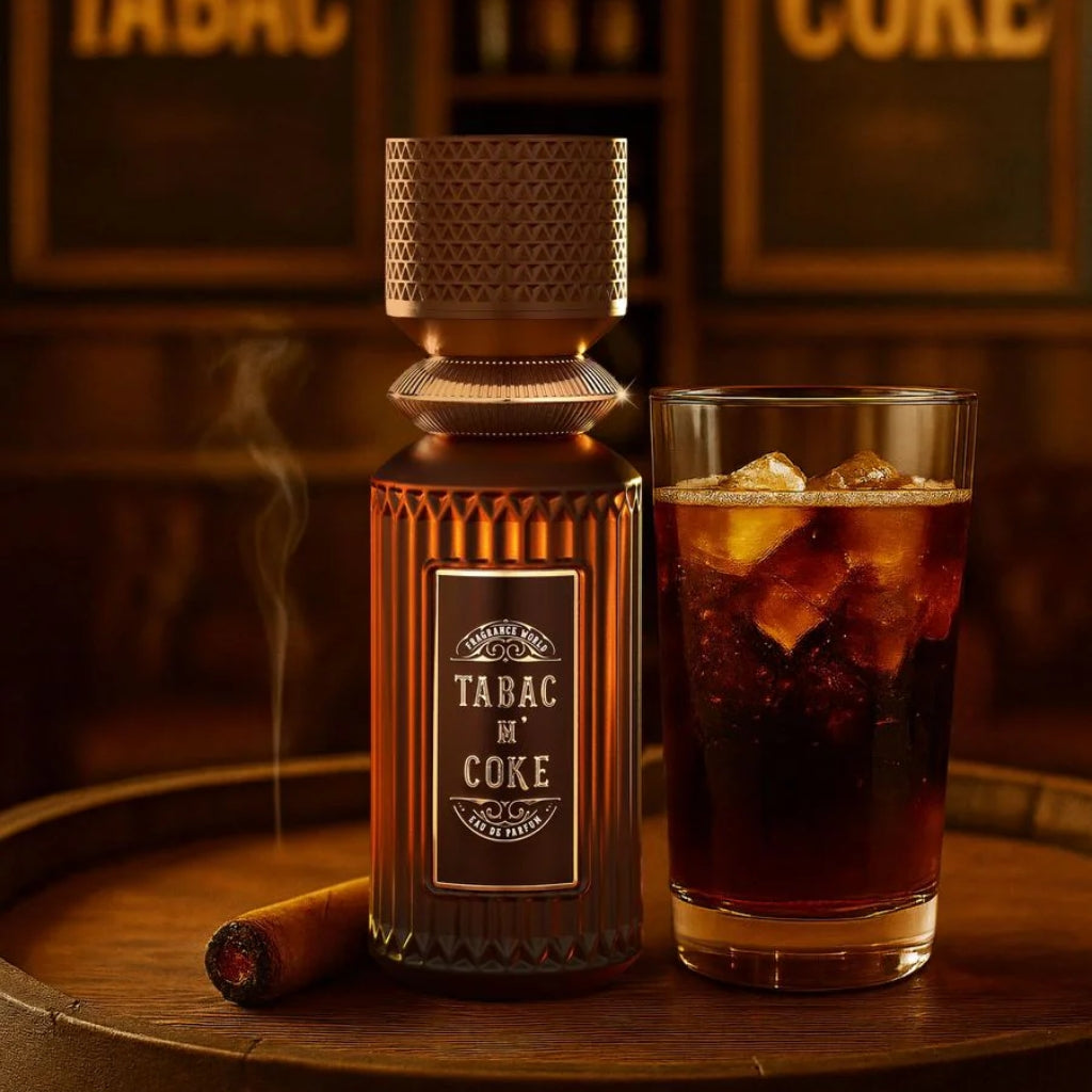 Fragrance World Tabac n Coke herrparfym med cigarr och glas cola i bakgrunden
