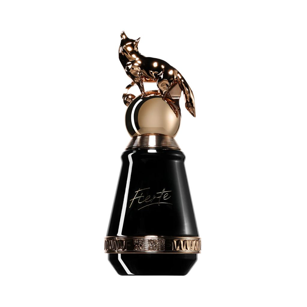 Unisex parfymflaska French Avenue Fierte med svart och guldig design och rävfigur på locket
