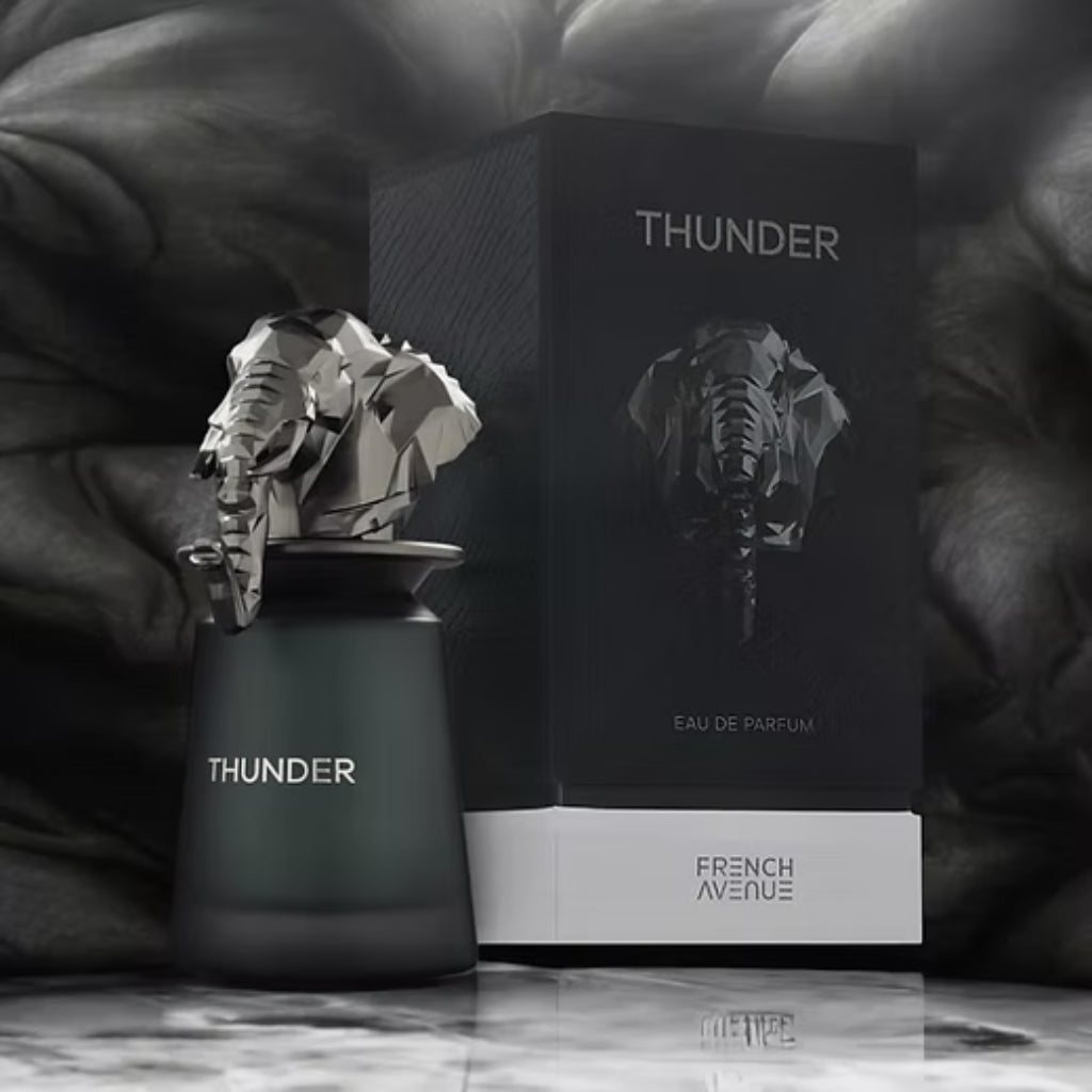 French Avenue Thunder herrparfym i mörk flaska med elefantkork och elegant svart presentkartong